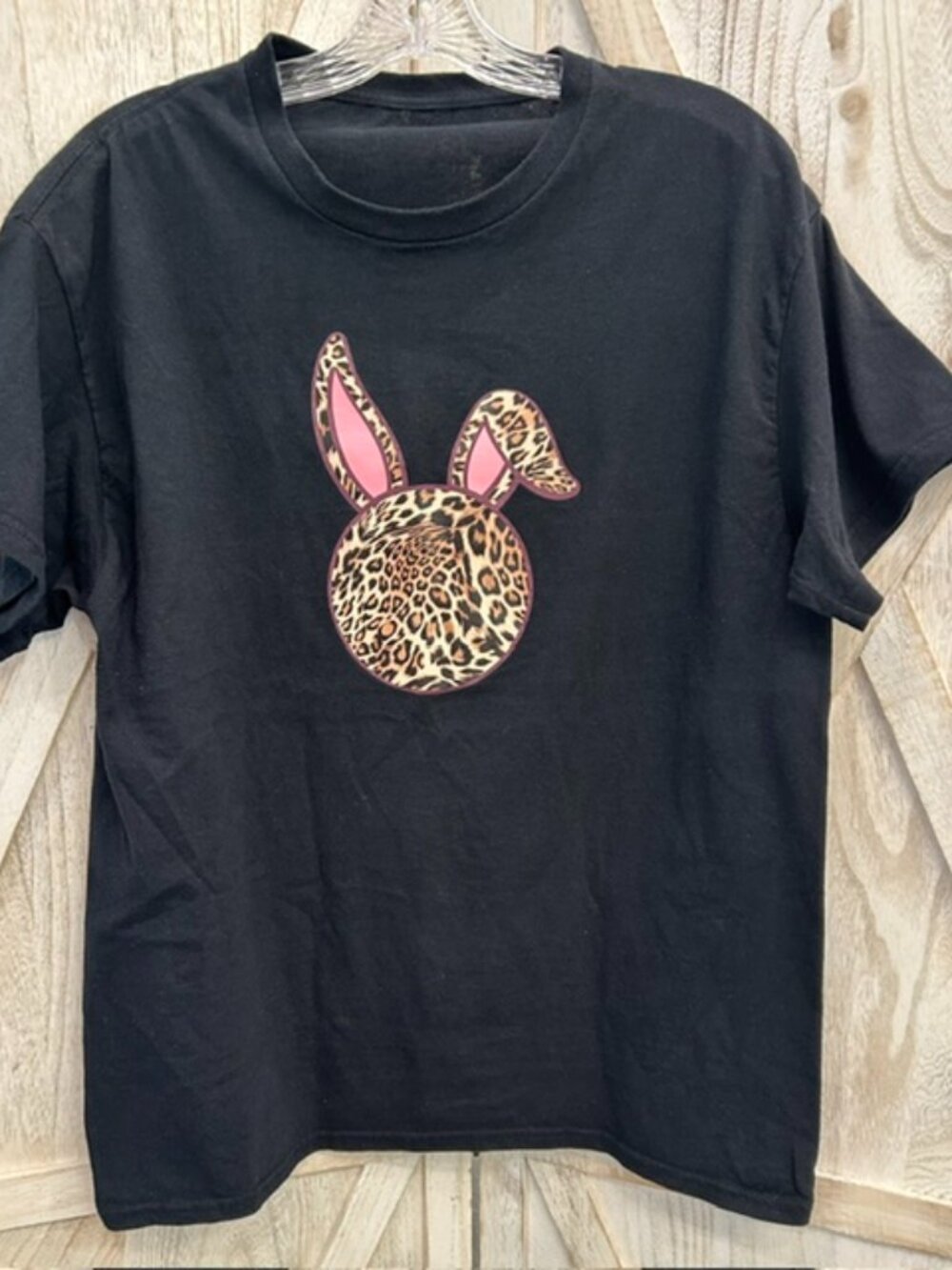Leopard Print Bunny Rabbit Easter Graphic Tee Womens Black Shirt Spring Holiday